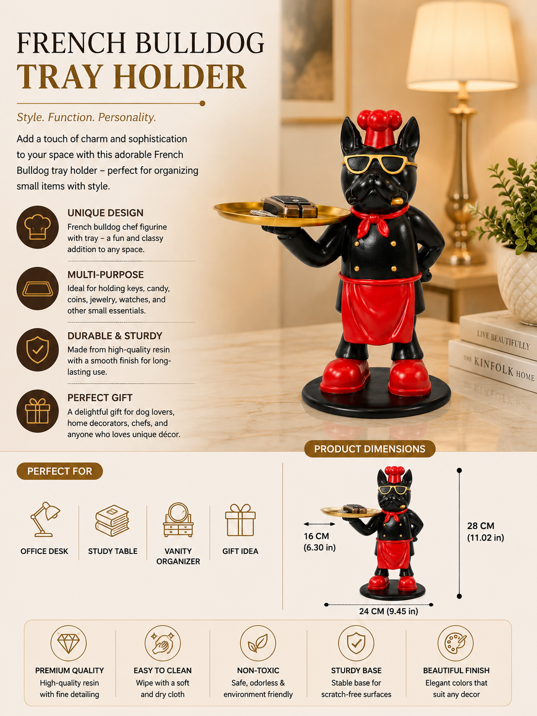 French Bulldog Chef Tray Holder – Stylish Decorative Figurine with Gold Tray