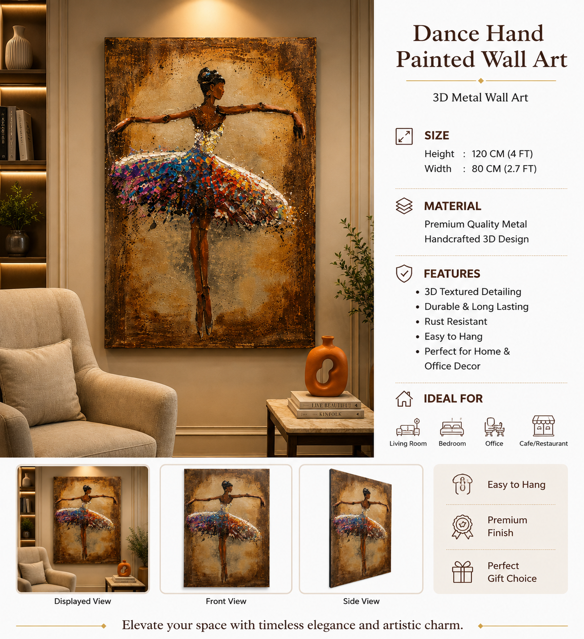 Ballerina Dance 3D Metal Wall Art | Luxury Ballet Dancer Wall Decor