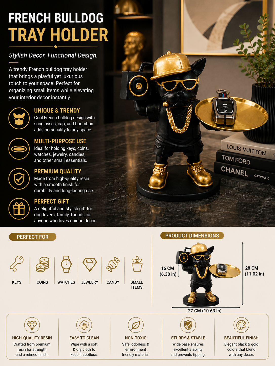 Luxury French Bulldog Tray Holder – Stylish Black & Gold Decorative Organizer