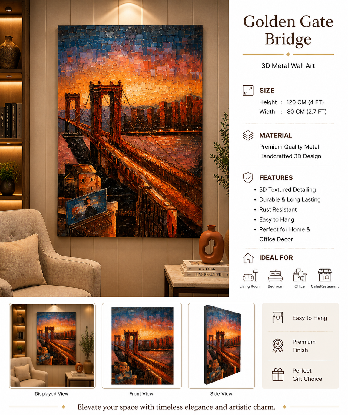 Golden Gate Bridge Sunset 3D Metal Wall Art | Luxury San Francisco Wall Decor