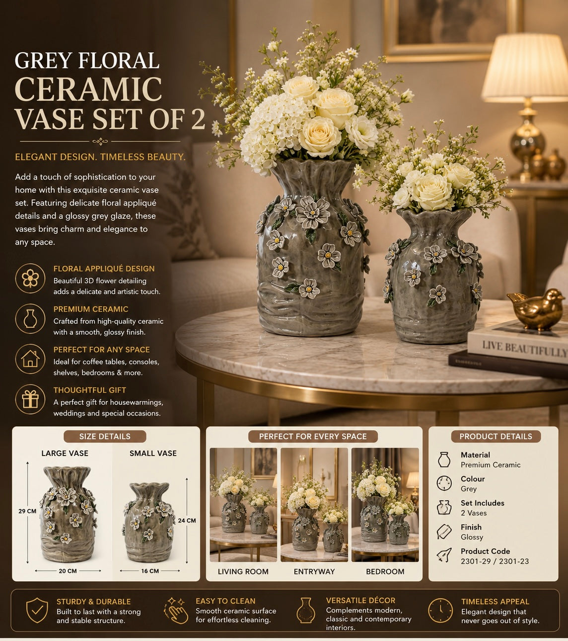 Grey Floral Ceramic Table Vase Set of 2
