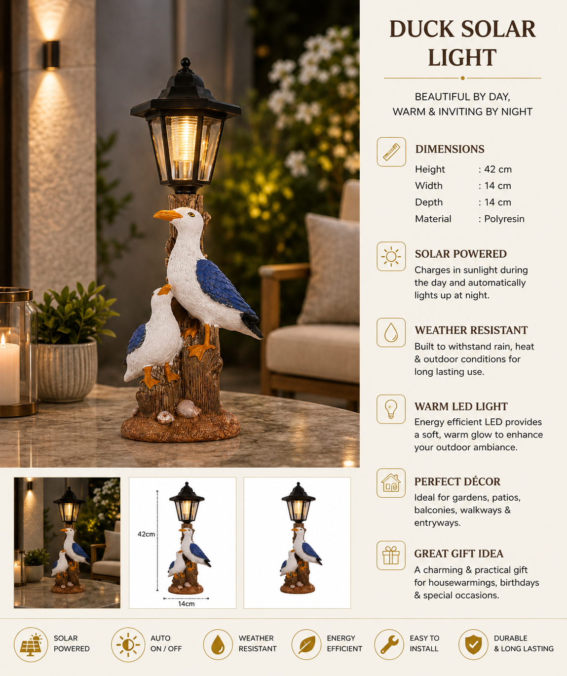 Duck Solar Garden Light | Seagull Family Outdoor Statue with Warm LED Light