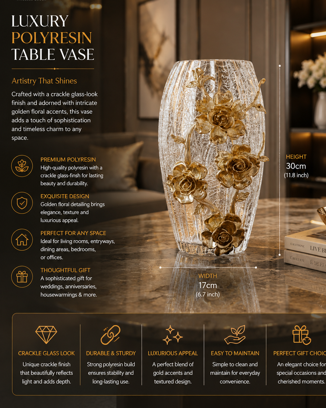 Luxury Gold Floral Crackle-Finish Polyresin Table Vase