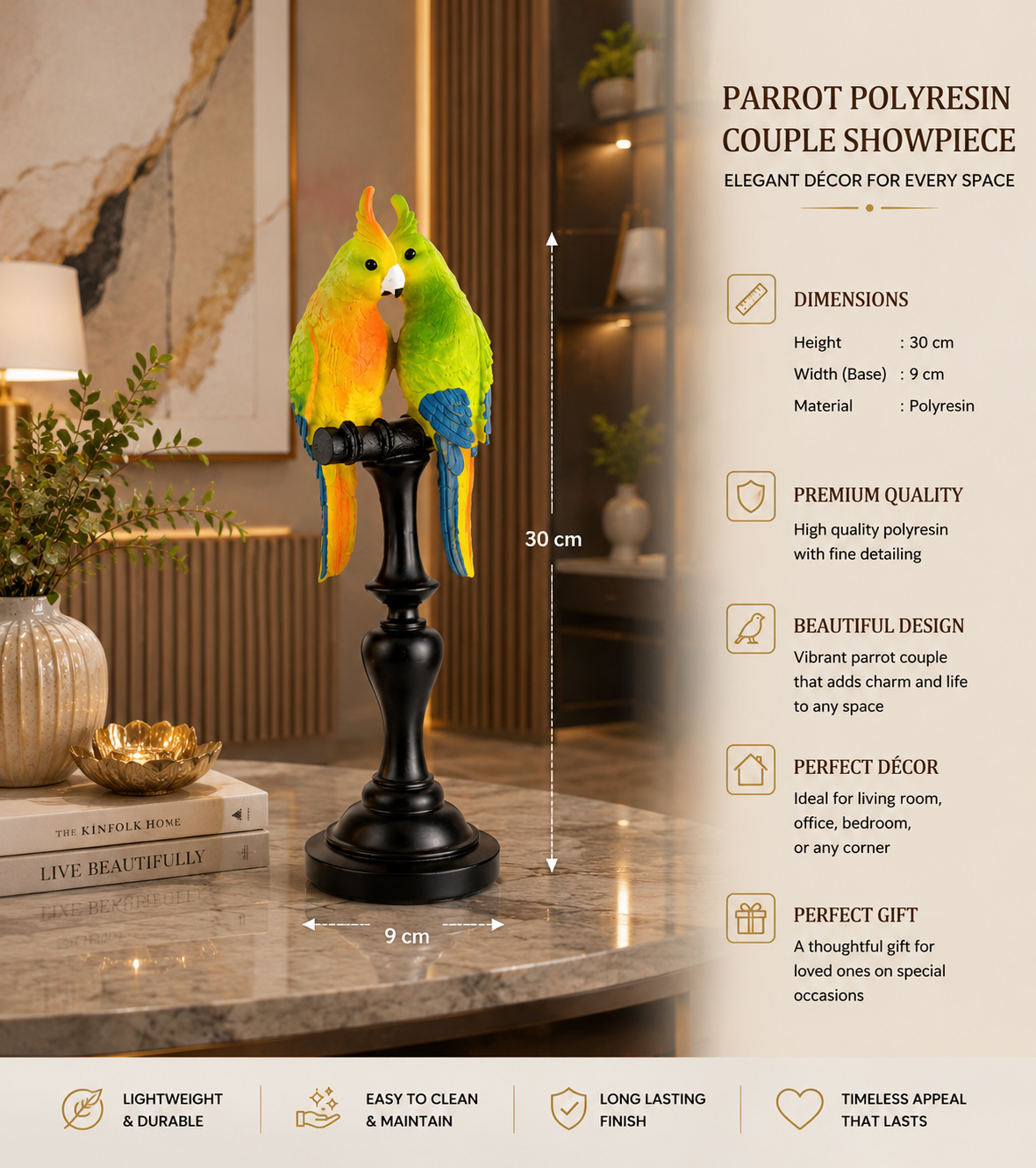 Parrot Couple Showpiece | Premium Polyresin Bird Figurine for Home & Office Décor