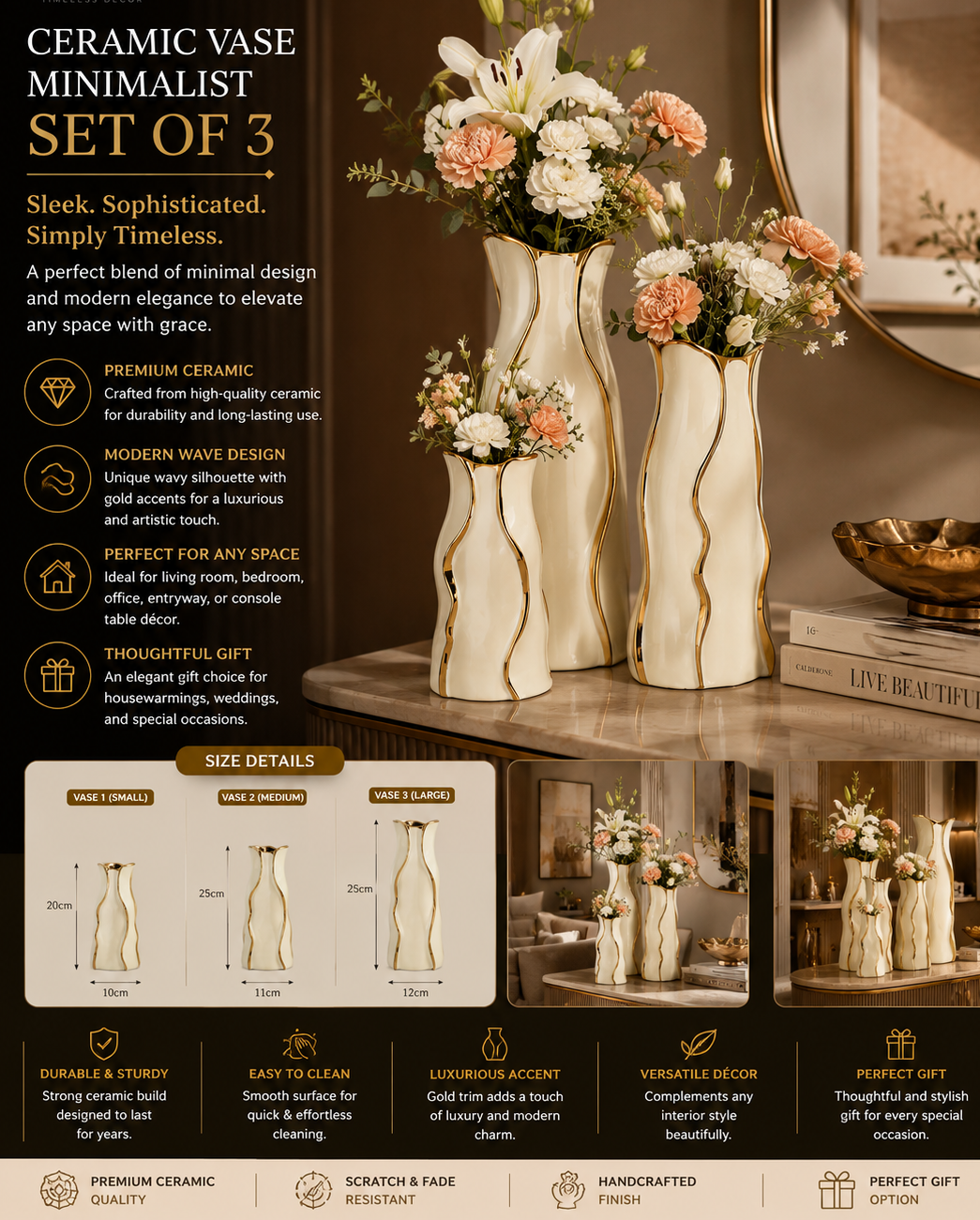 Ceramic Vase Minimalist Set of 3 – Gold-Trimmed Wave Design Decorative Vases