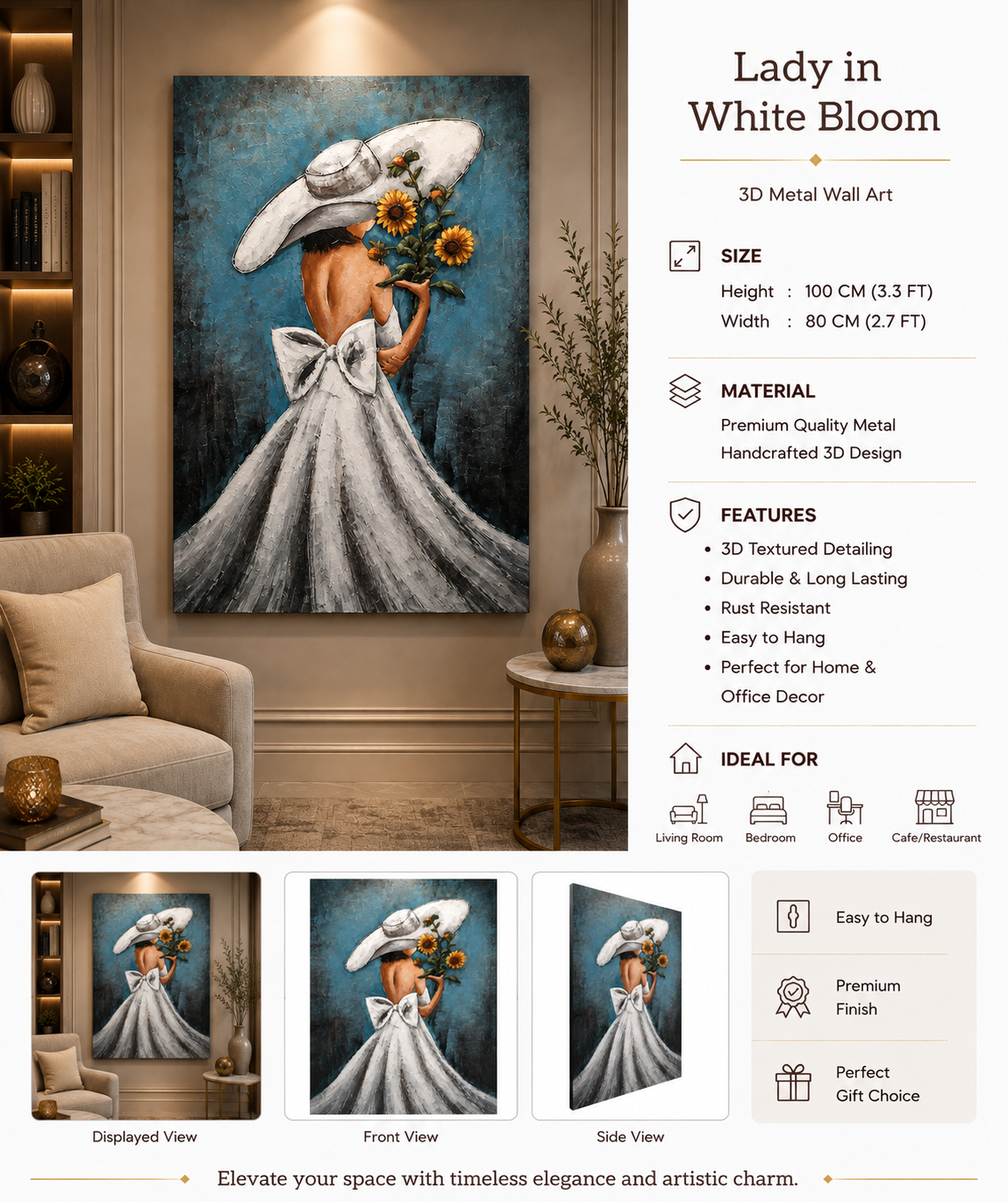 Lady in White Bloom 3D Metal Wall Art | Luxury Elegant Woman Wall Decor