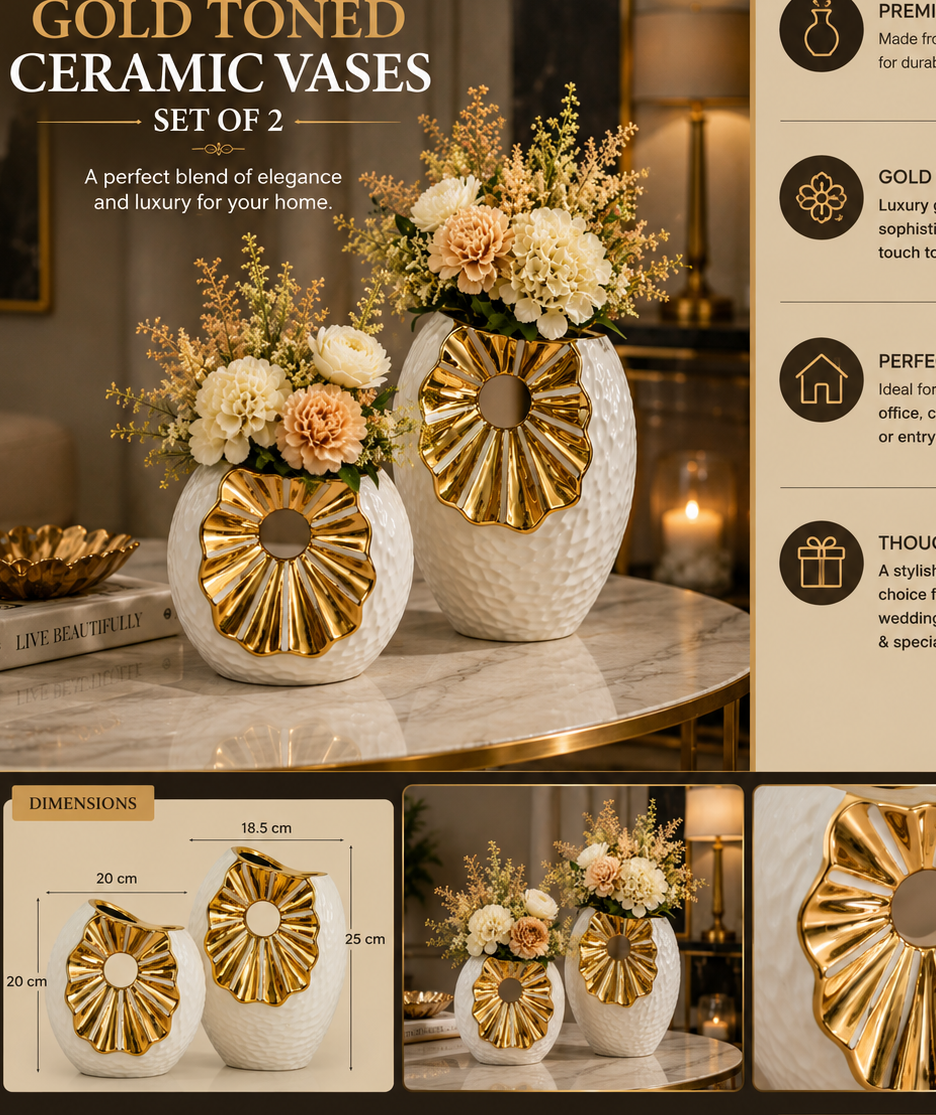 Gold Toned Ceramic Vase Set of 2 – Luxury Floral Decorative Vases