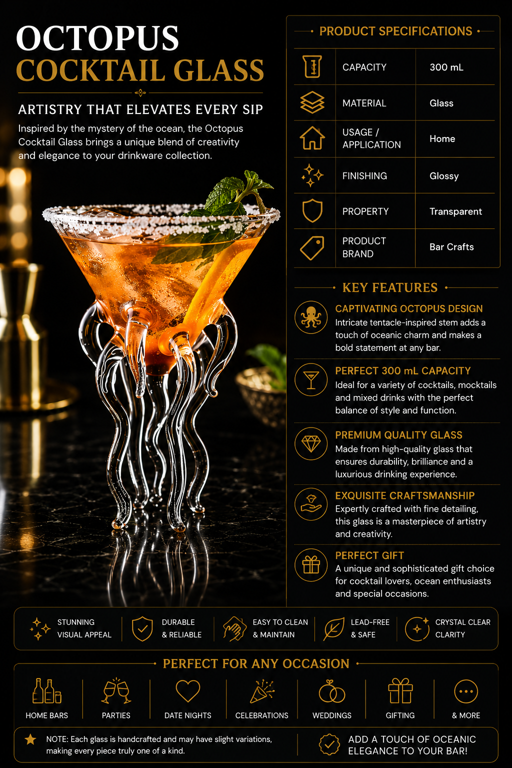Octopus Tentacle Cocktail Glass – 300 ml | Sculptural Luxury Bar Glass