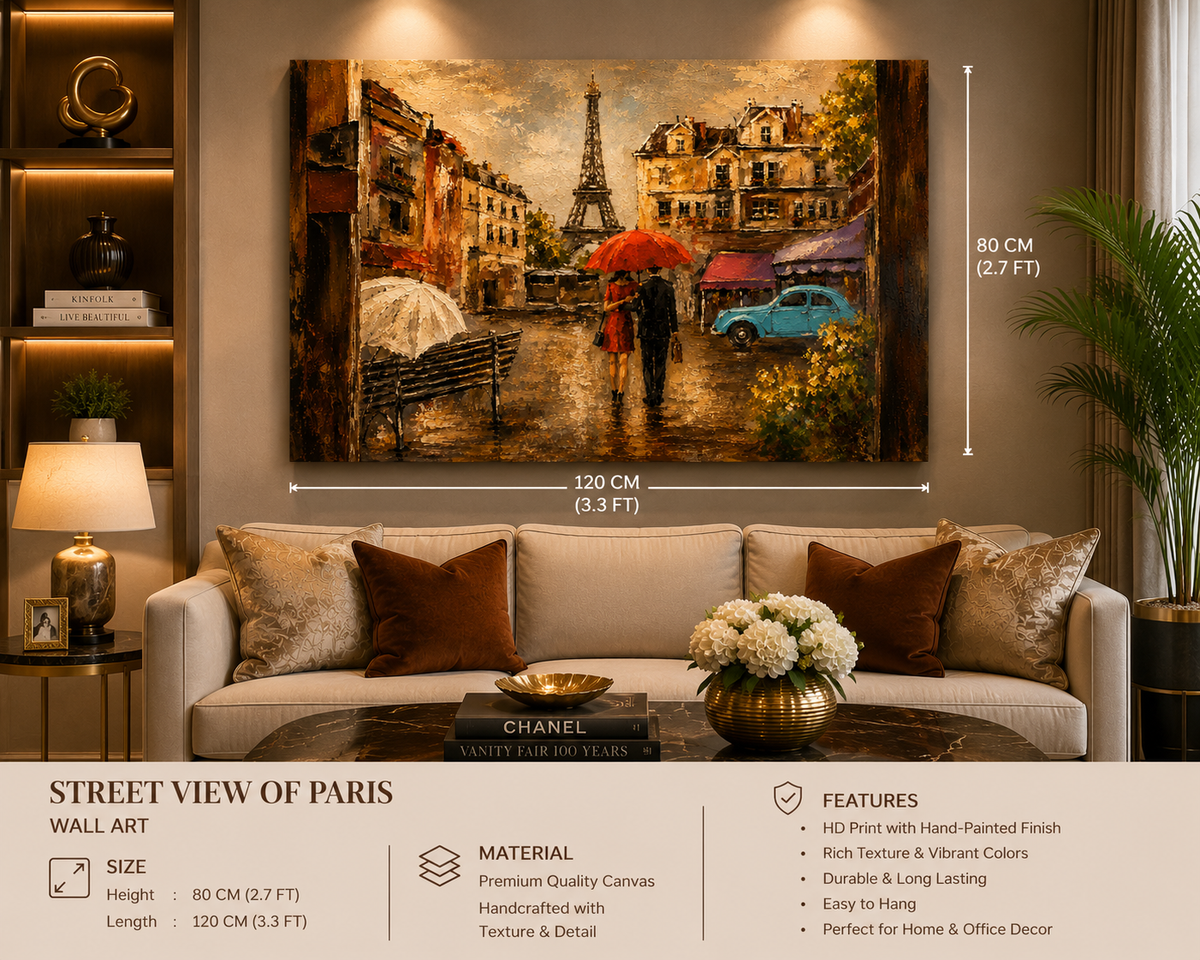 Street View of Paris Canvas Wall Art | Luxury Eiffel Tower Parisian Cityscape Decor