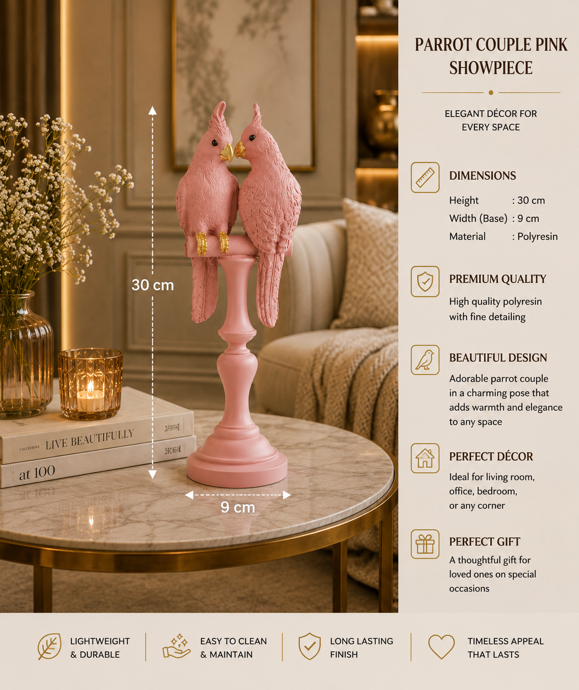Pink Parrot Couple Showpiece | Premium Polyresin Bird Figurine for Home & Office Décor