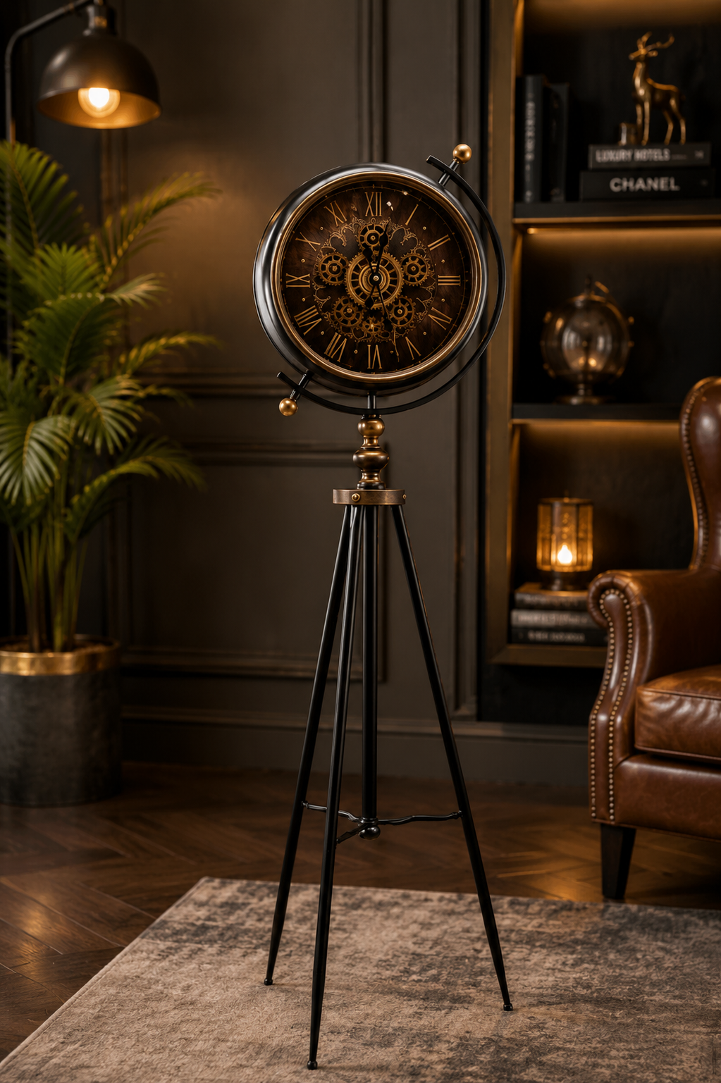 Luxury Black & Gold Tripod Gear Clock