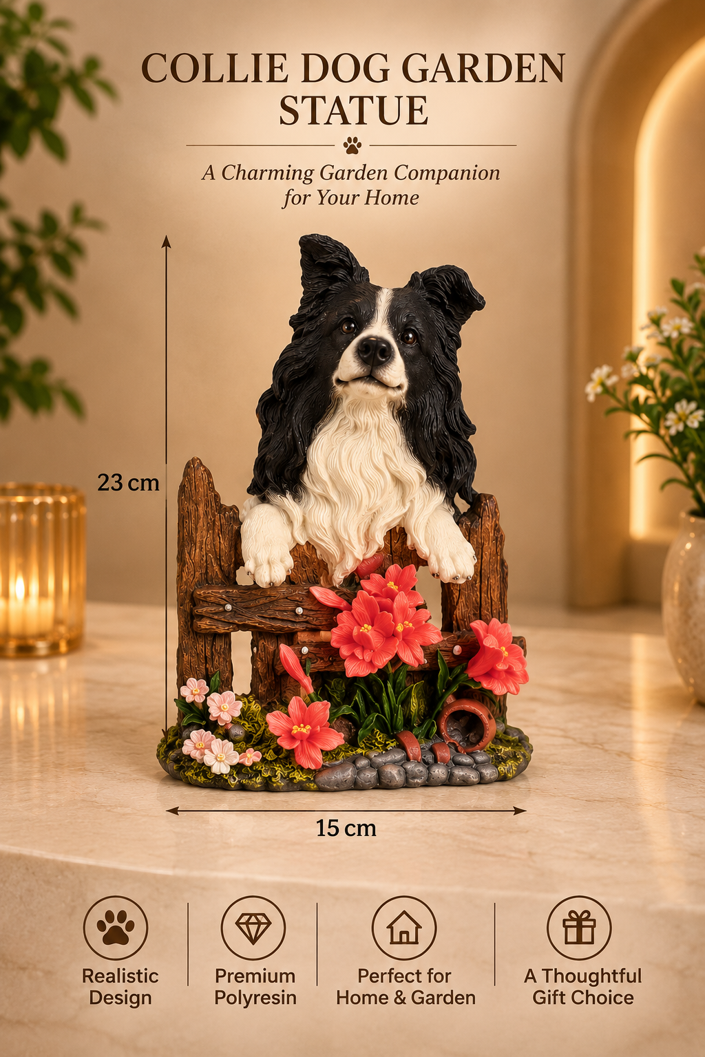 Collie Dog Garden Statue | Premium Polyresin Dog Figurine with Floral Garden Decor
