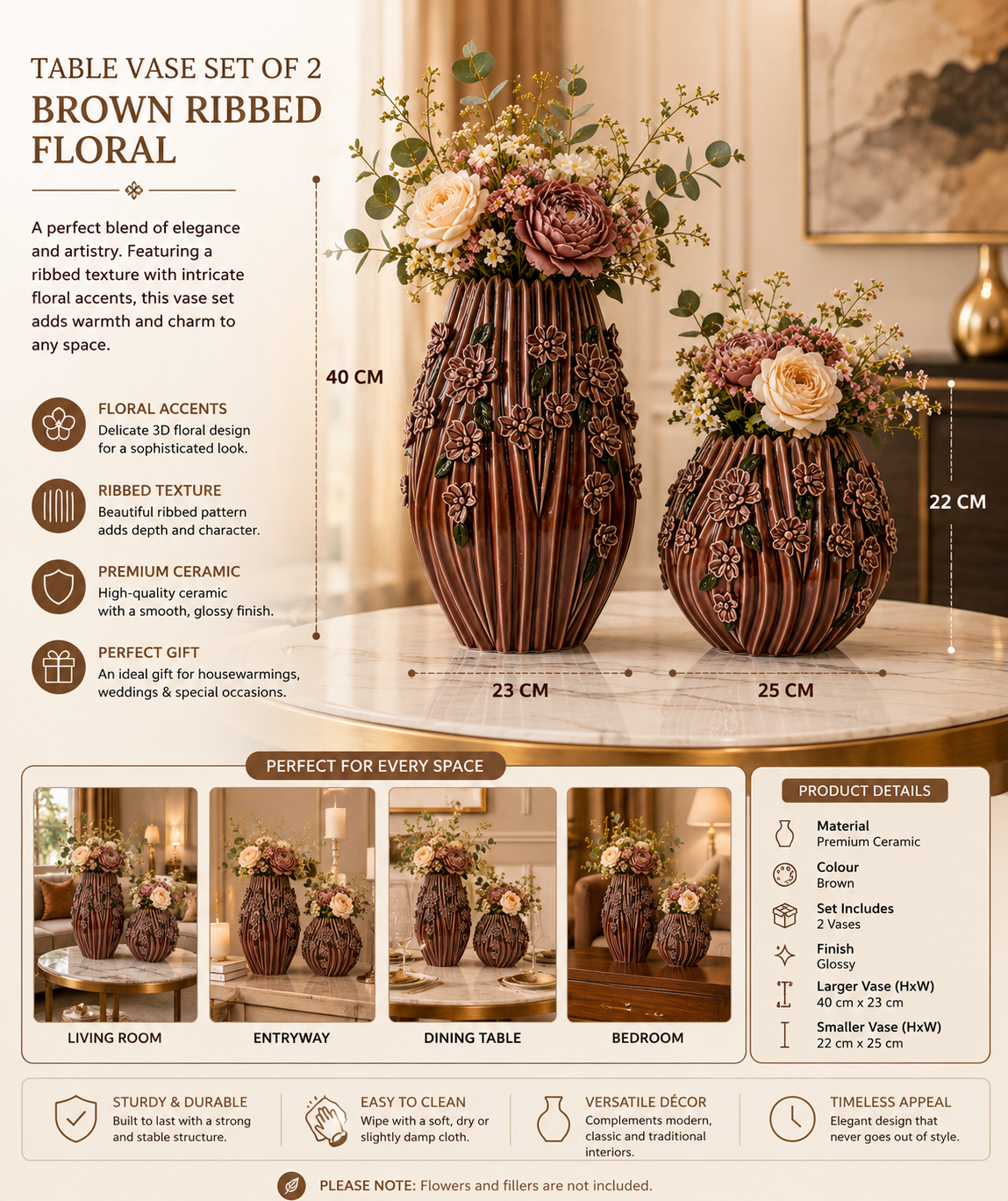 Brown Ribbed Floral Ceramic Table Vase Set of 2