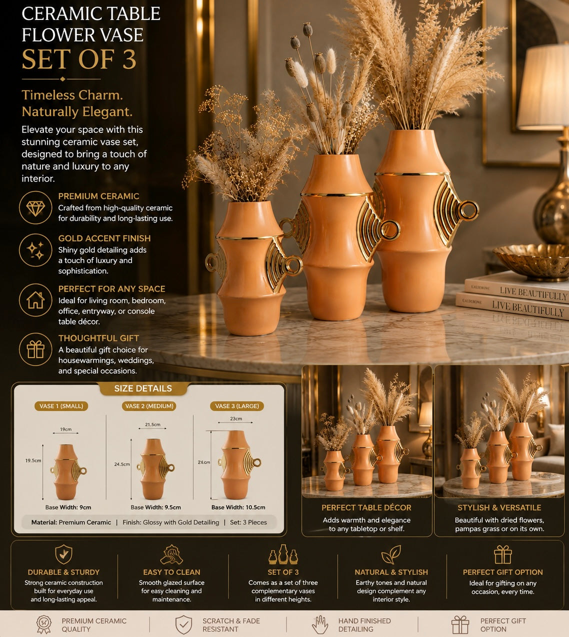 Ceramic Table Flower Vase Set of 3 with Gold Detailing