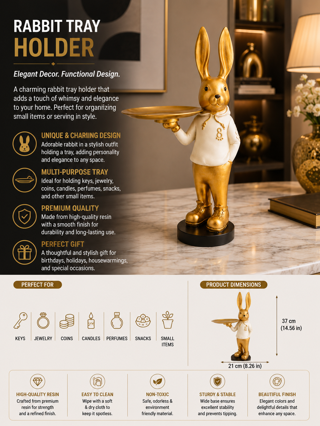 Luxury Golden Rabbit Tray Holder | Premium Resin Decorative Organizer & Statement Home Décor
