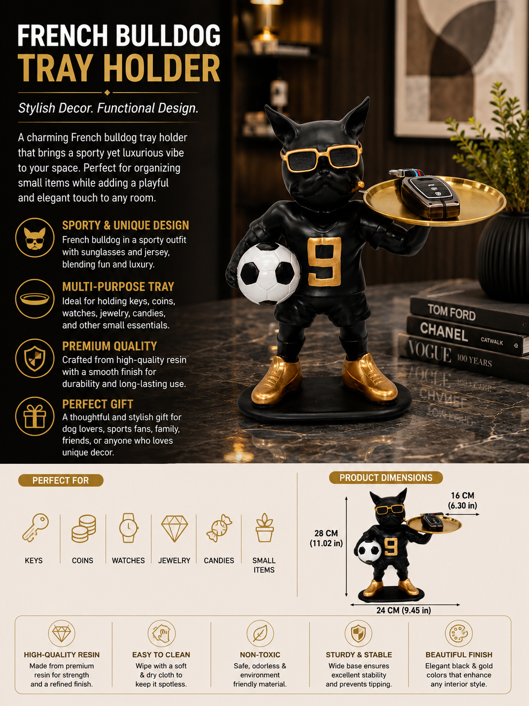 Luxury French Bulldog Tray Holder – Stylish Decorative Organizer for Home & Office