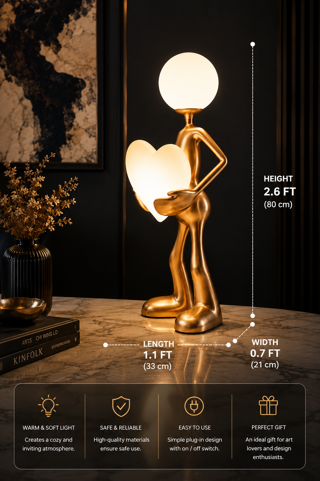 Golden Sculptural Table Lamp with Glowing Heart & Orb Light – Artistic Statement Lamp