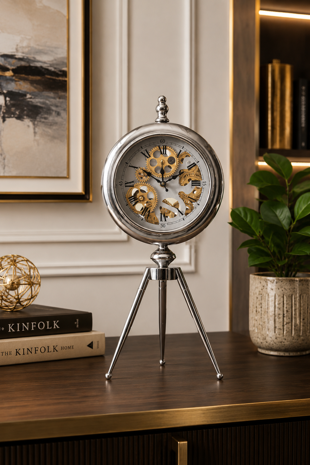 Luxury Silver Tripod Gear Clock