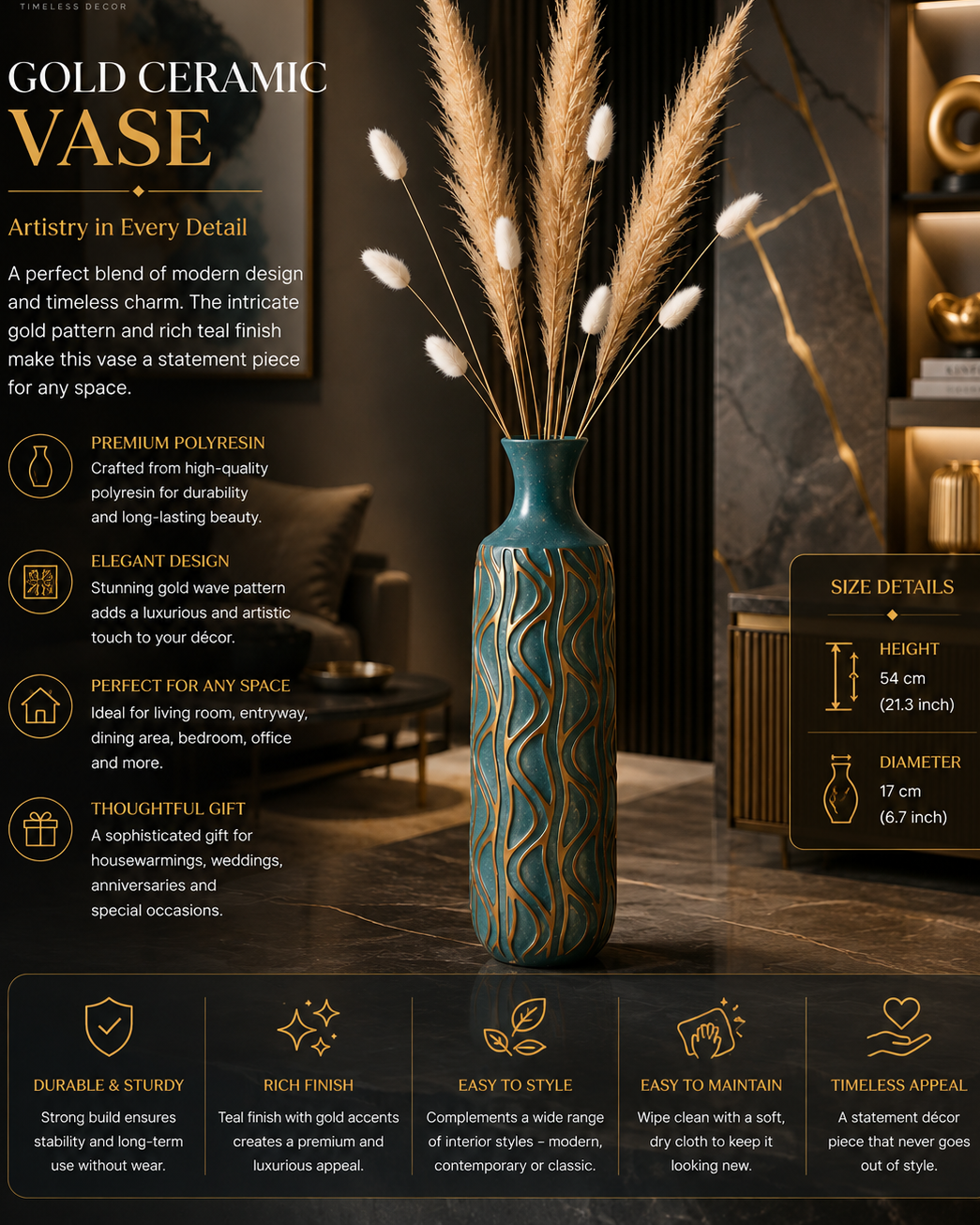 Gold-Accent Teal Ceramic-Style Polyresin Vase
