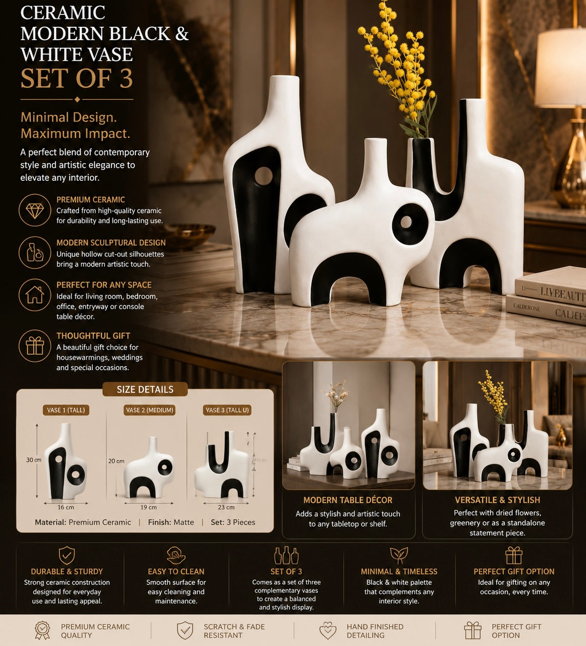 Modern Black & White Ceramic Vase Set of 3