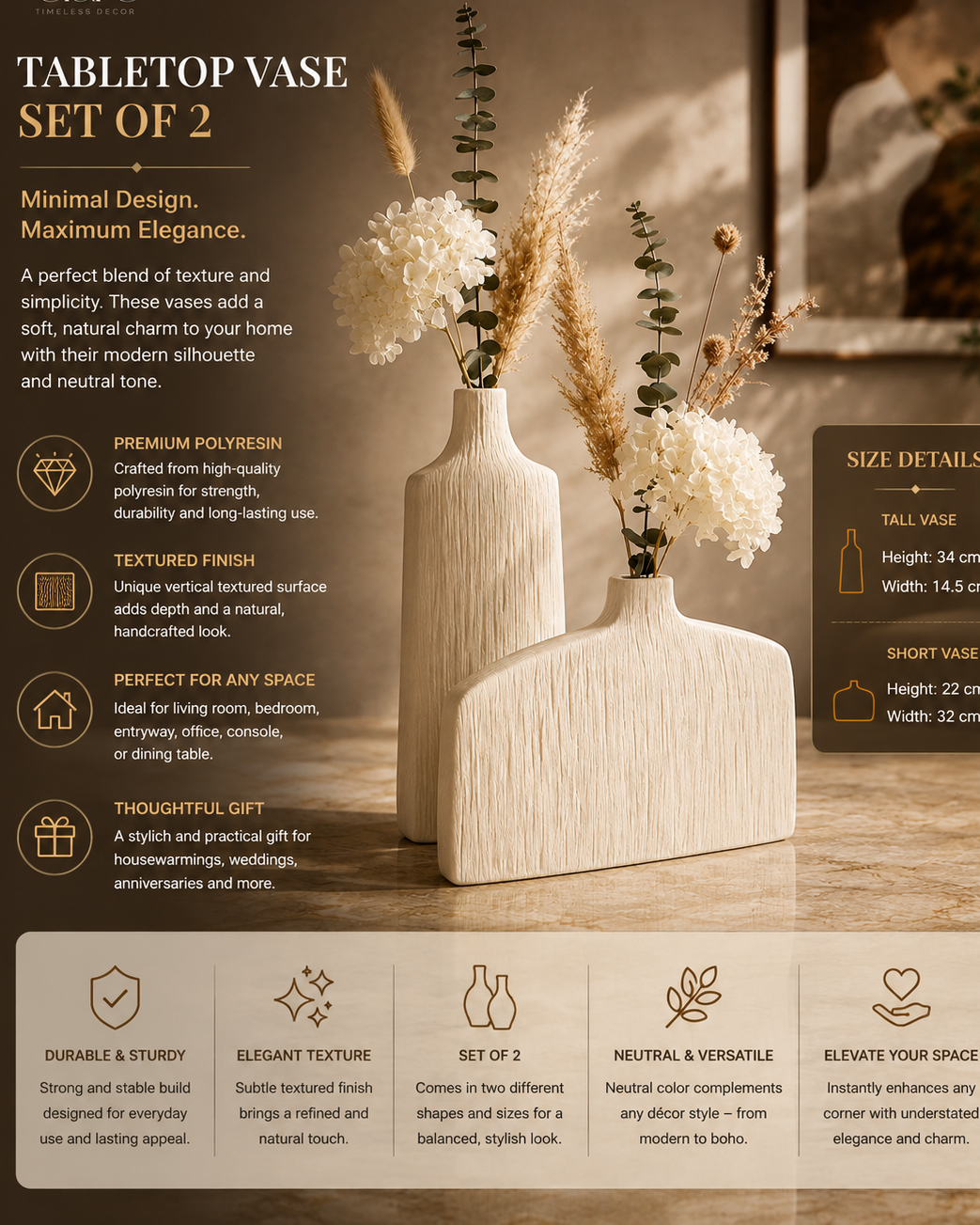 Textured Ivory Tabletop Vase Set of 2 – Modern Natural Elegance