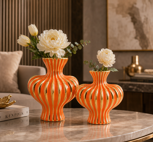 Orange & Gold Striped Ceramic Vase Set of 2 – Luxury Decorative Vases
