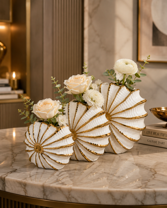 Conch Flower Ceramic Vase Set of 3 – White & Gold Shell-Inspired Decorative Vases