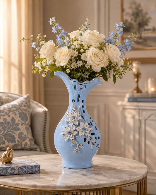 Blue Floral Cutwork Ceramic Table Vase