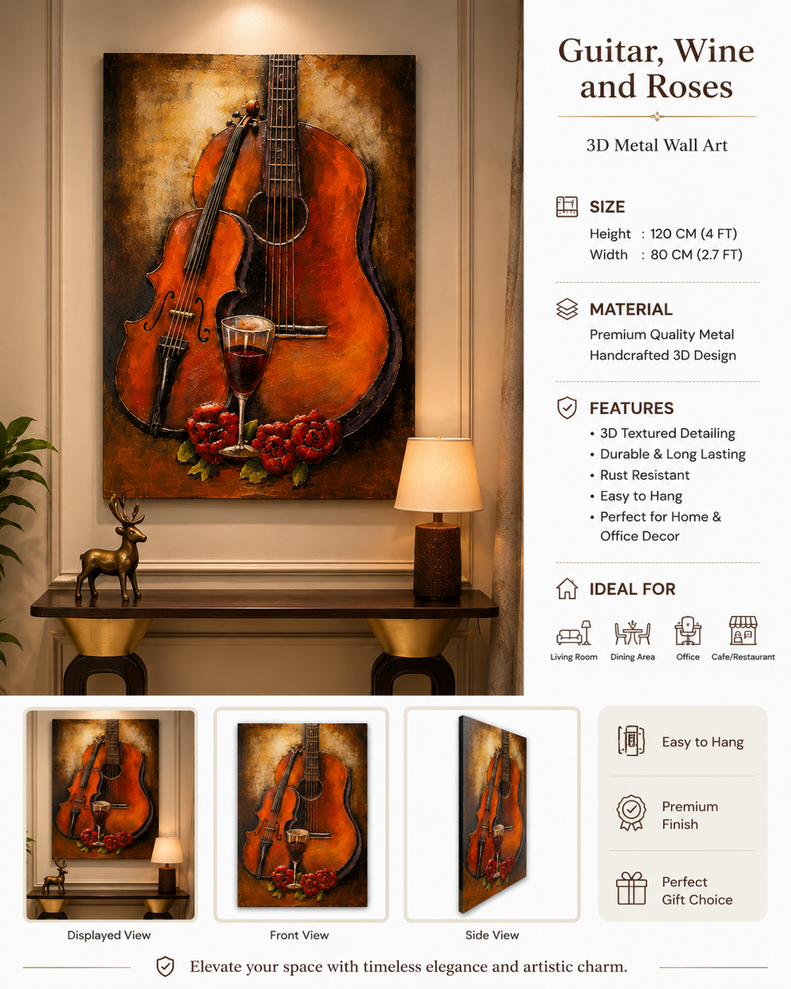 Guitar, Wine & Roses 3D Metal Wall Art | Luxury Music-Inspired Wall Decor