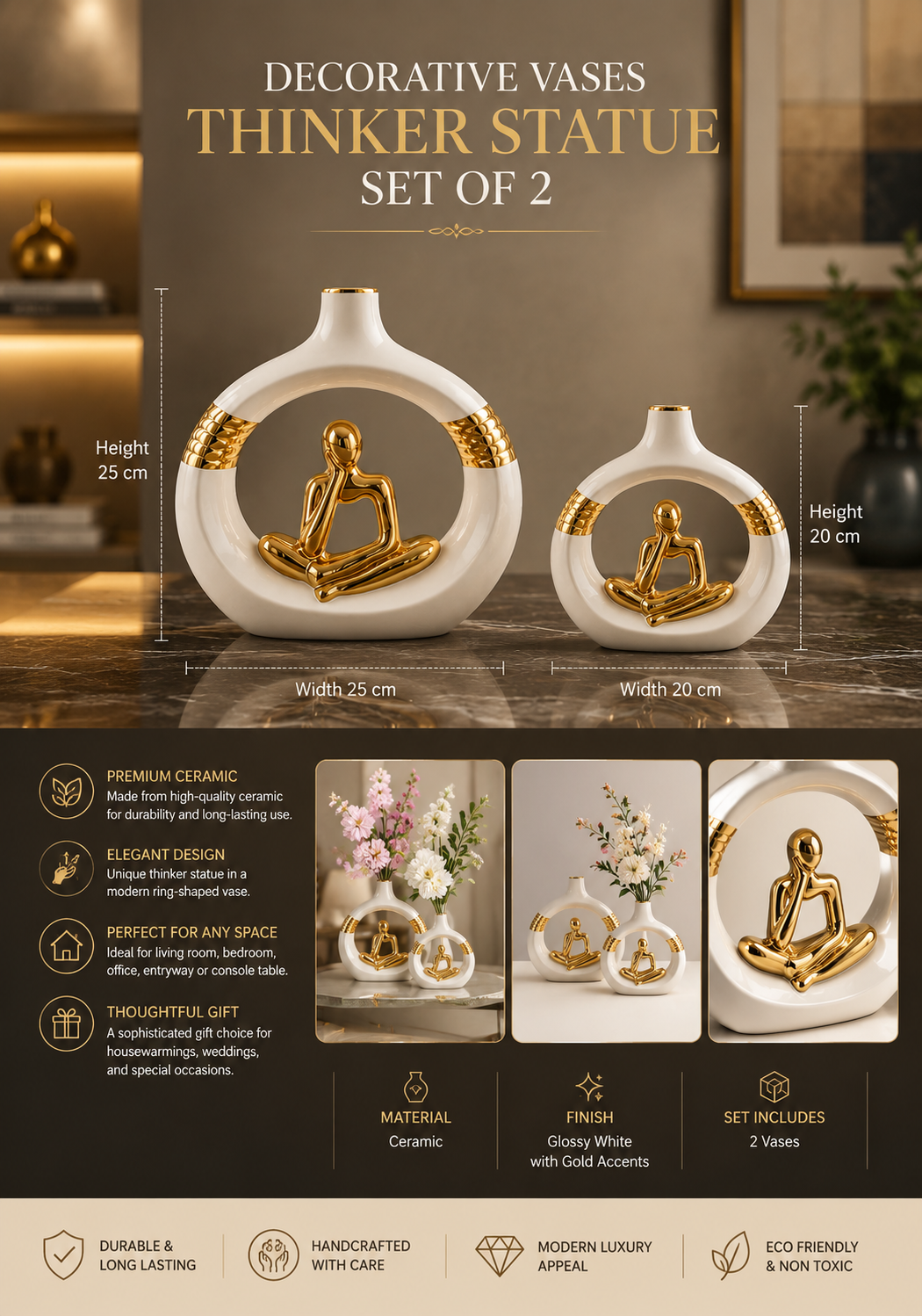 Decorative Thinker Statue Ceramic Vase Set of 2 – White & Gold Luxury Vases