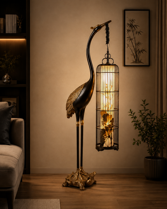 Sculptural Crane Floor Lamp with Lantern – Luxury Bird-Inspired Statement Light