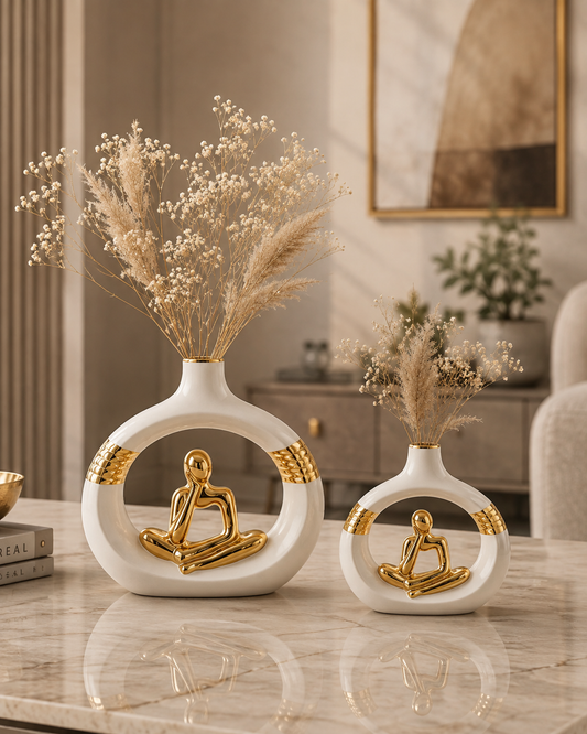 Decorative Thinker Statue Ceramic Vase Set of 2 – White & Gold Luxury Vases