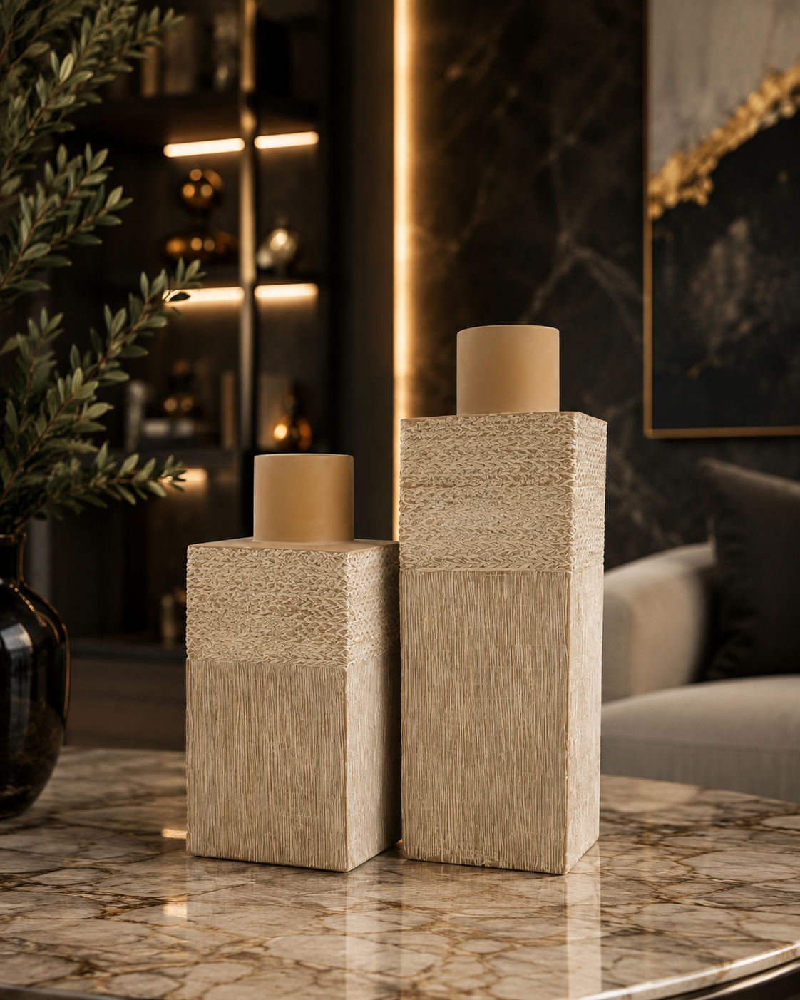 Textured Beige Polyresin Vase Set of 2 – Modern Statement Décor