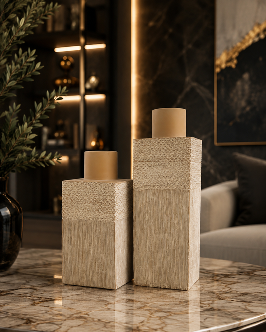 Textured Beige Polyresin Vase Set of 2 – Modern Statement Décor