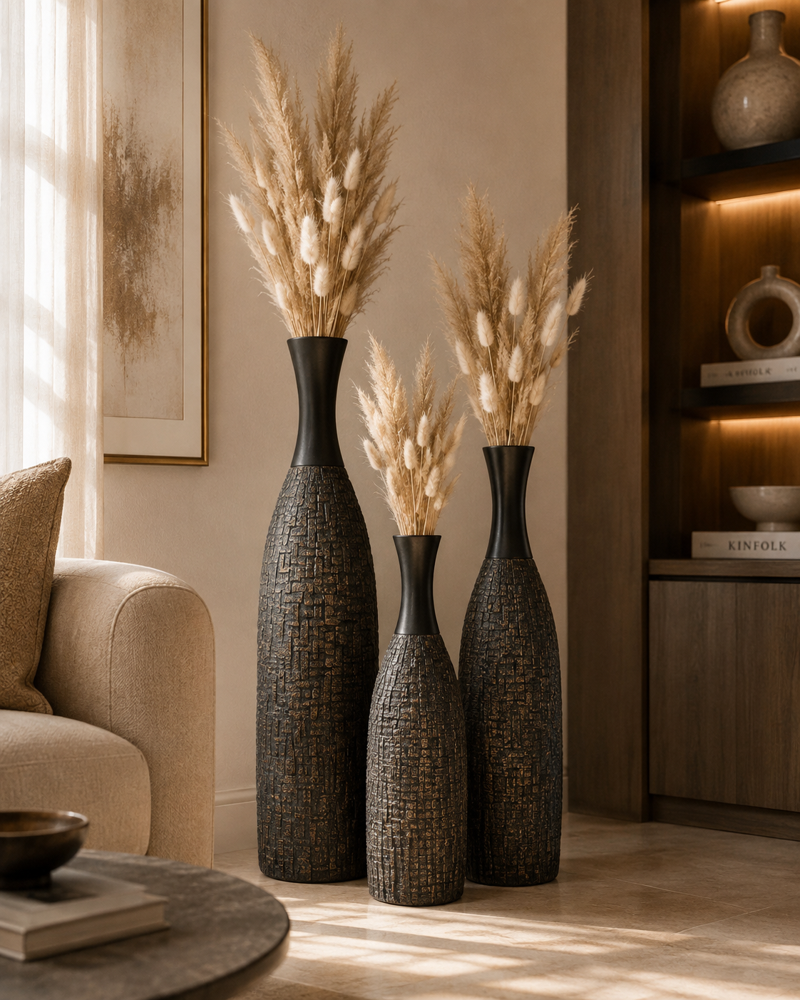 Black Textured Bottle-Shaped Decorative Vase Set of 3