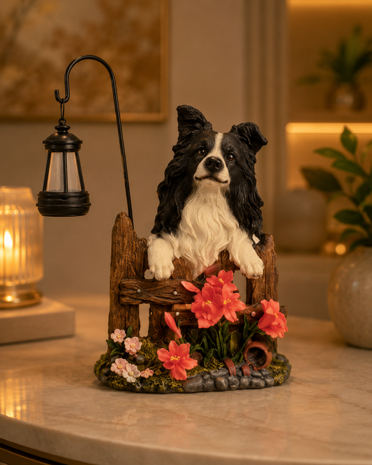 Collie Dog Garden Statue | Premium Polyresin Dog Figurine with Floral Garden Decor