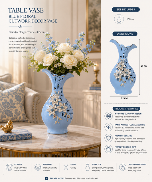 Blue Floral Cutwork Ceramic Table Vase