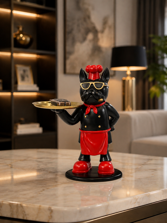 French Bulldog Chef Tray Holder – Stylish Decorative Figurine with Gold Tray