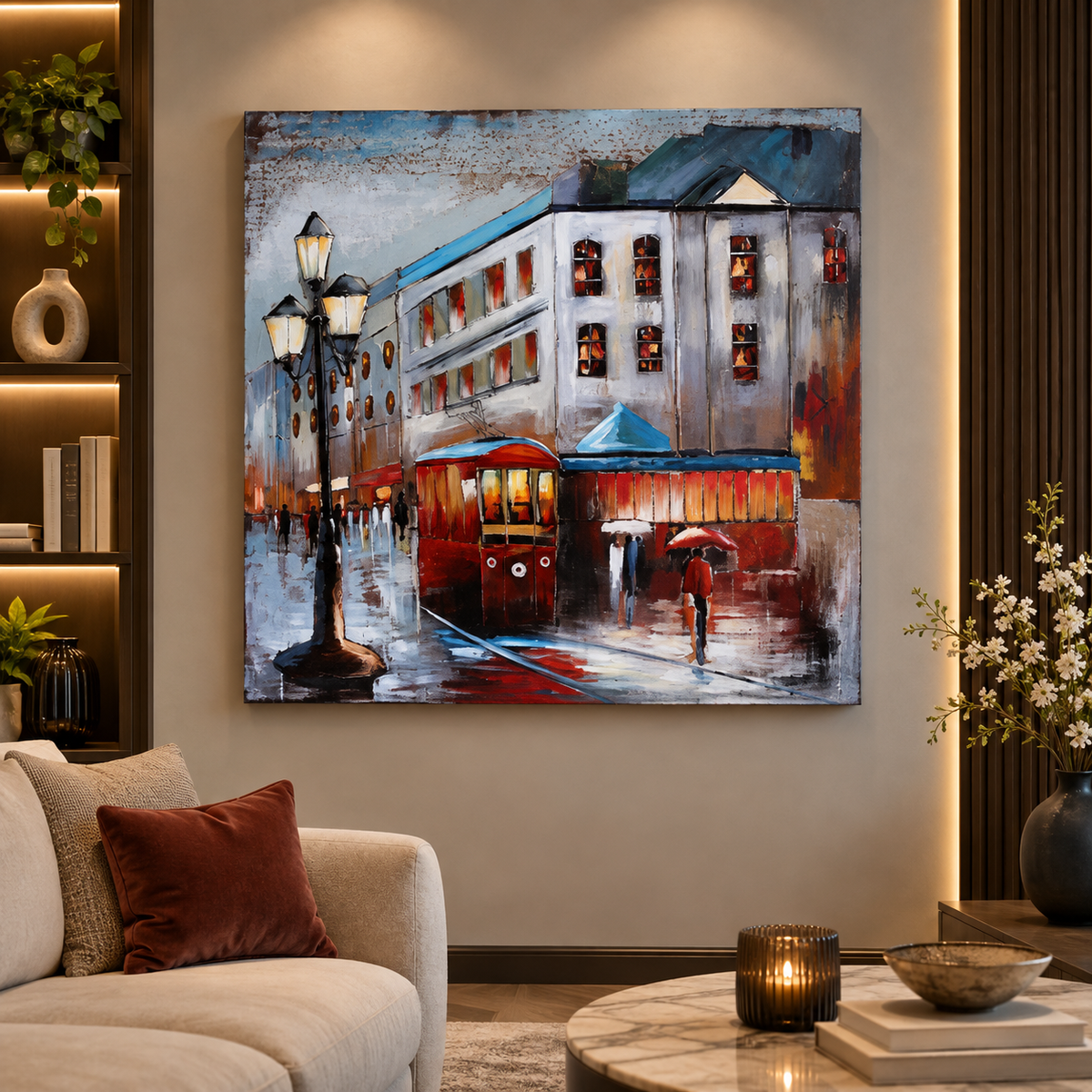 Abstract Rain City Tram 3D Metal Wall Art | Luxury Urban Cityscape Wall Decor