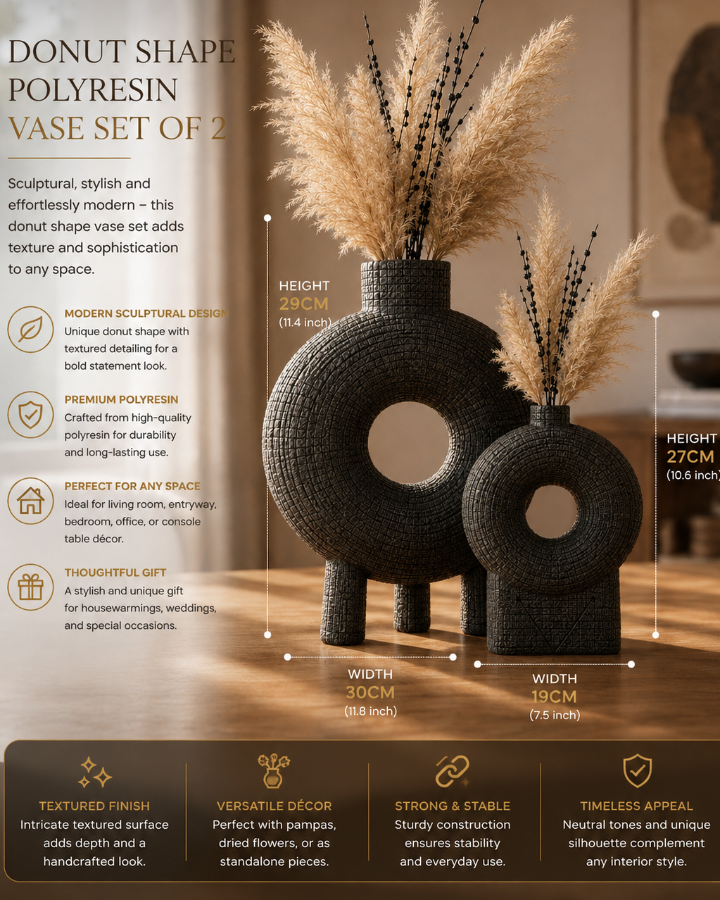 Donut Shape Textured Polyresin Vase Set of 2