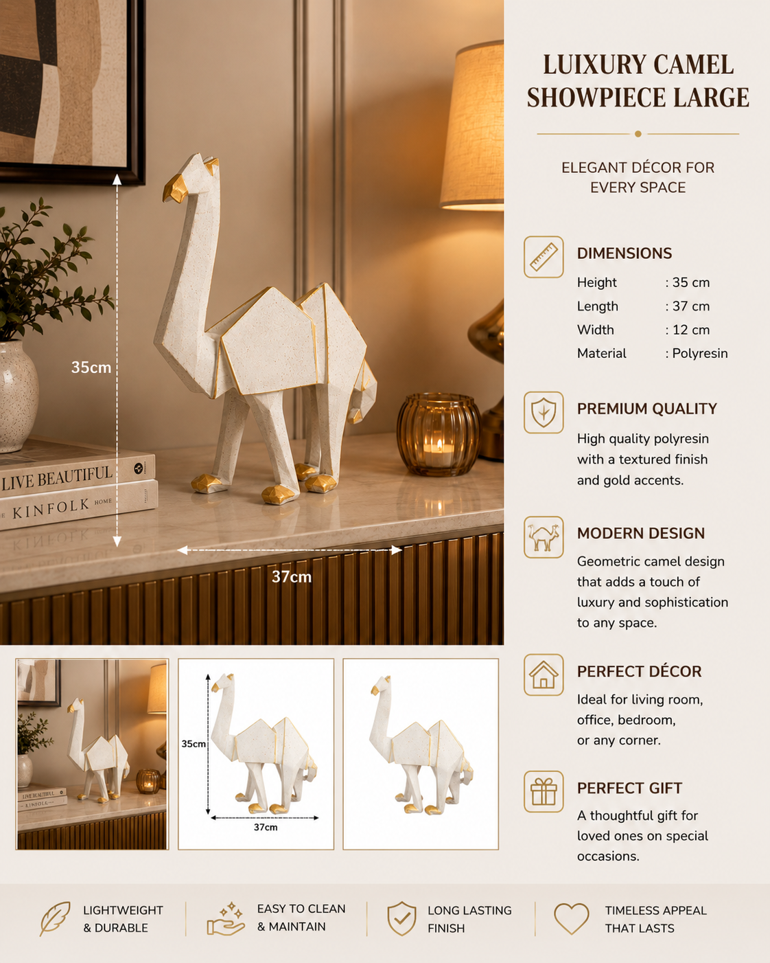 Luxury Camel Showpiece Large | Premium Geometric Polyresin Camel Statue for Home & Office Décor
