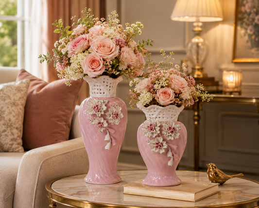 Pink Floral Ceramic Table Vase Set of 2