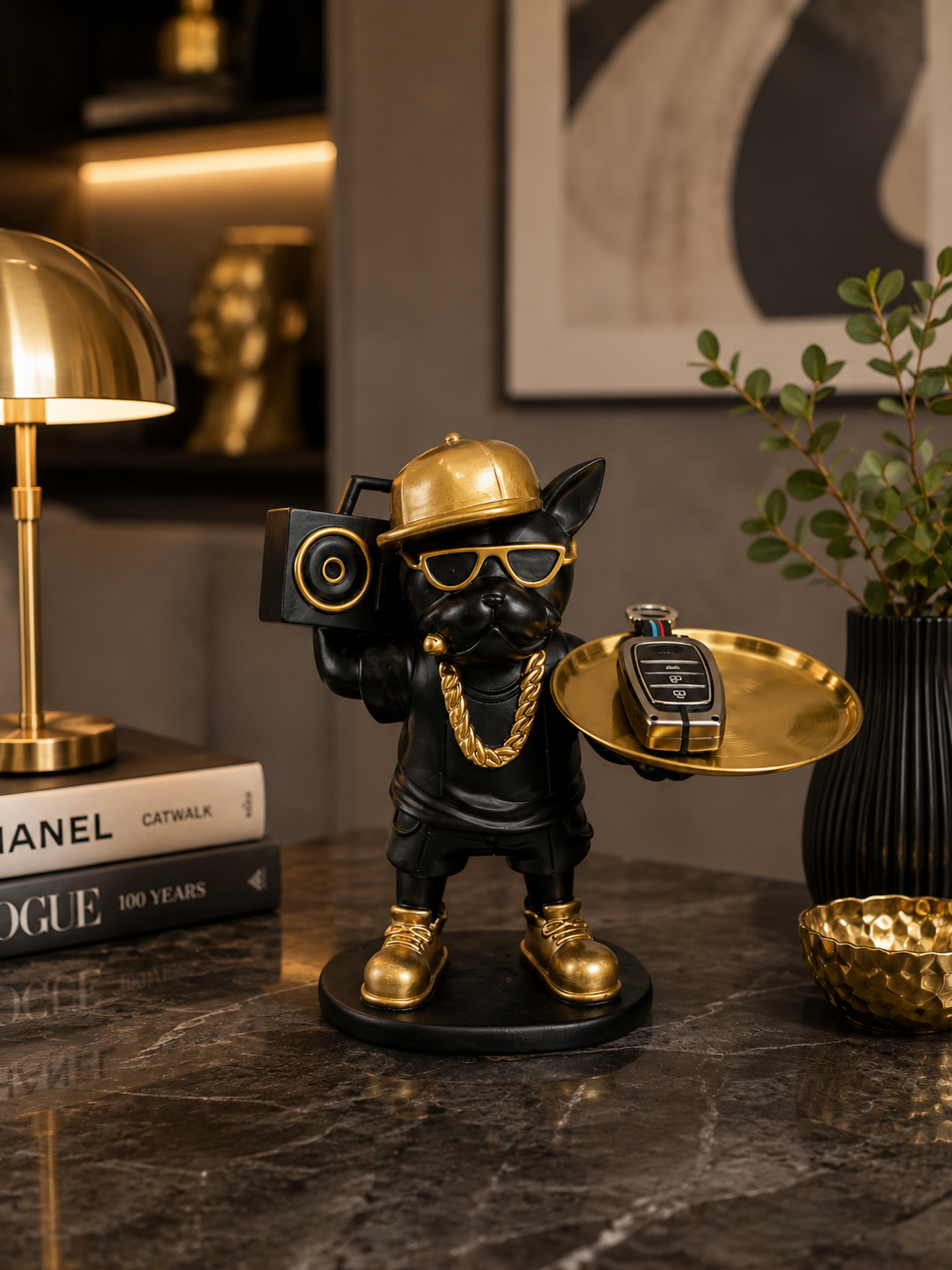 Luxury French Bulldog Tray Holder – Stylish Black & Gold Decorative Organizer