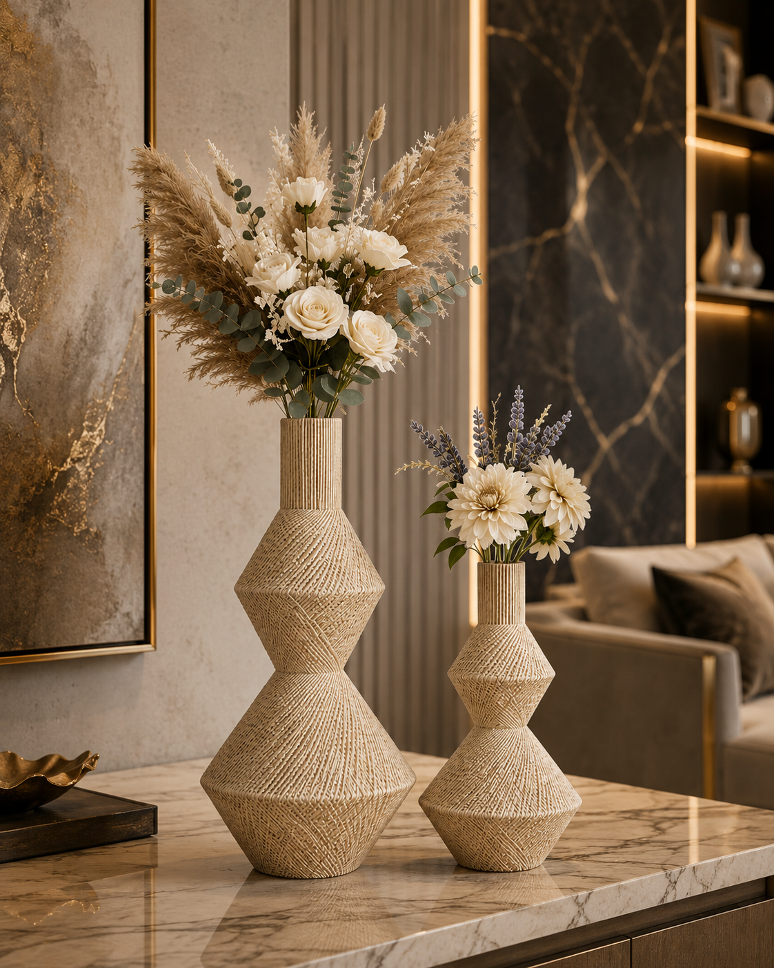 Beige Geometric Textured Polyresin Vase Set of 2