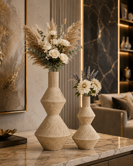 Beige Geometric Textured Polyresin Vase Set of 2