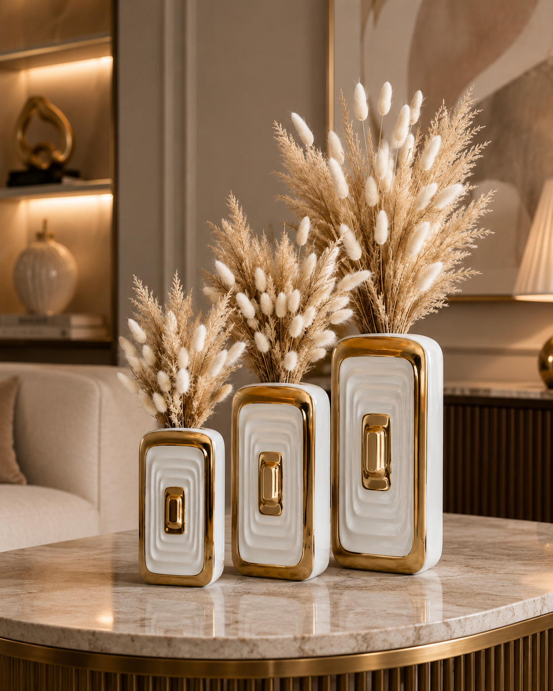 Ceramic Square White & Gold Vase Set of 3 – Modern Luxury Decorative Vases