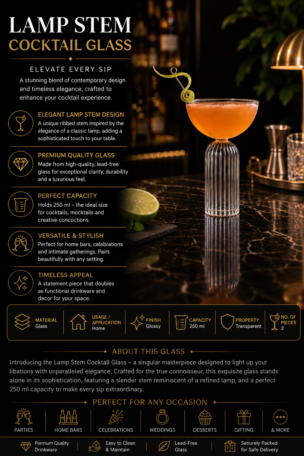 Luxury Lamp Stem Cocktail Glass – 250 ML
