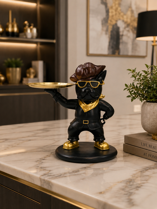 French Bulldog Tray Holder – Luxury Decorative Figurine with Gold Tray