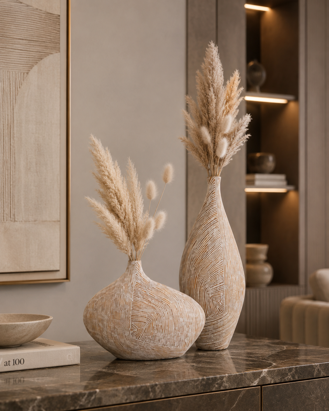 Beige Tall Textured Decorative Vase Set of 2