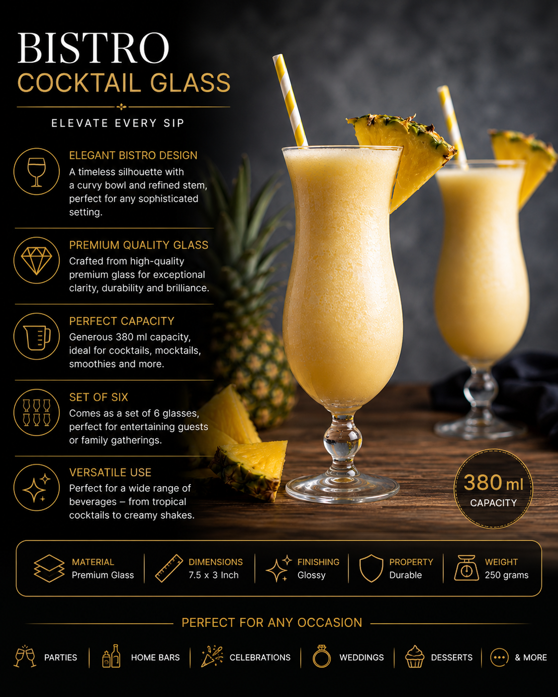 Bistro Cocktail Glass Set of 6 – Premium Elegant Glassware for Cocktails & Beverages